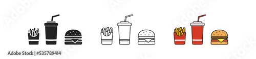 Fast food icon set. Symbols of street food. Burger, potato free, drink signs. Restaurant concept.