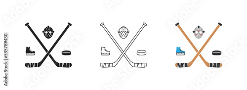 Ice hockey isolated icon. Sport equipment symbols. Mask, stick, puck, skate signs. Flat design.