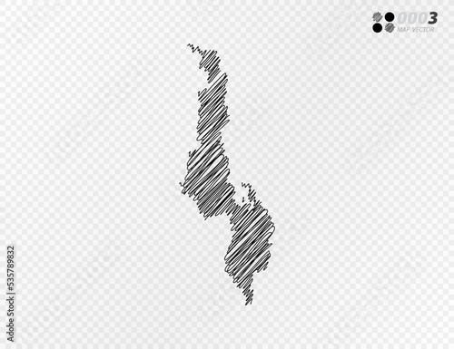 Vector black silhouette chaotic hand drawn scribble sketch  of Malawi map on transparent background.
