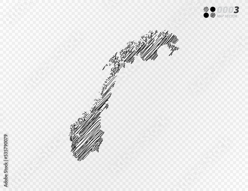 Vector black silhouette chaotic hand drawn scribble sketch  of Norway map on transparent background.