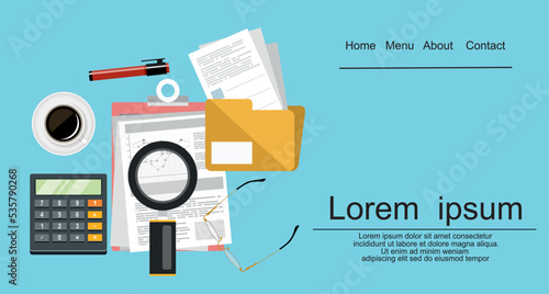 Auditor work desk, accounting paperwork, business research, financial audit, auditing tax process, research report,vector