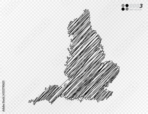 Vector black silhouette chaotic hand drawn scribble sketch  of England map on transparent background.