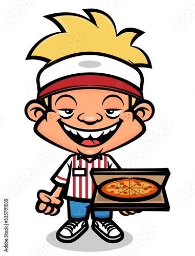 Teenage Boy wearing fast food restaurant uniform and delivery a box of Pizza to Customer. Best for sticker, logo, and mascot with part-time job for student
