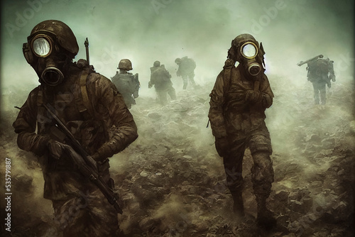 Angriff mit Atomwaffe, Chemiewaffen oder Biowaffen - apokalyptische Krieg Szene mit Gasmasken photo
