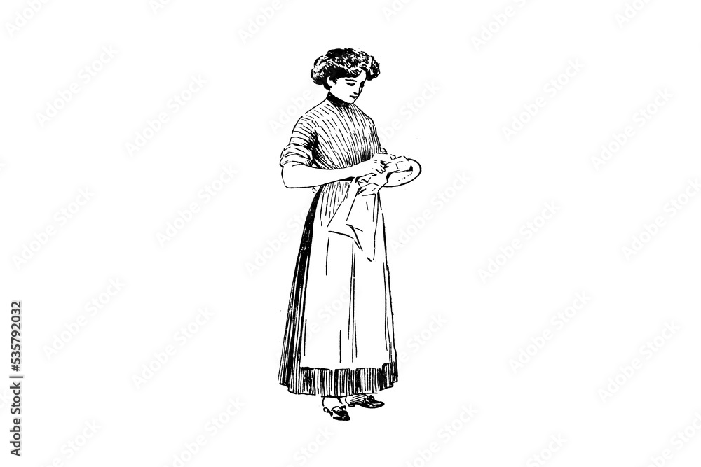 Woman drying a dish with the dish towel - Vintage illustration