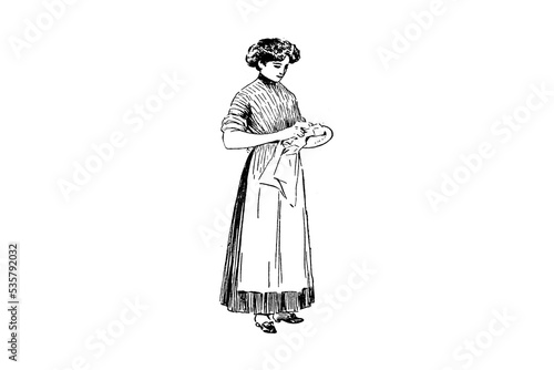 Woman drying a dish with the dish towel - Vintage illustration