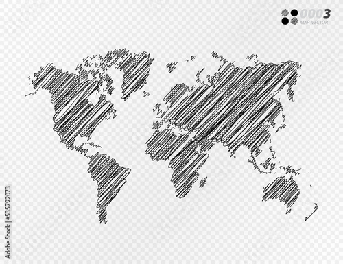 Vector black silhouette chaotic hand drawn scribble sketch  of World map on transparent background.