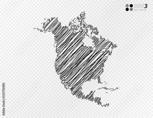 Vector black silhouette chaotic hand drawn scribble sketch of North America map on transparent background.