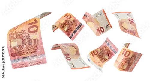 10 euro flying on white background. Euro Union banknotes at different angles. Front side