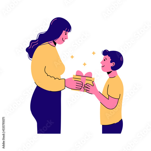 Flat vector illustration of holiday celebration isolated on white background. Woman giving birthday box to child. Mom surprising son. Mother and boy on holiday.