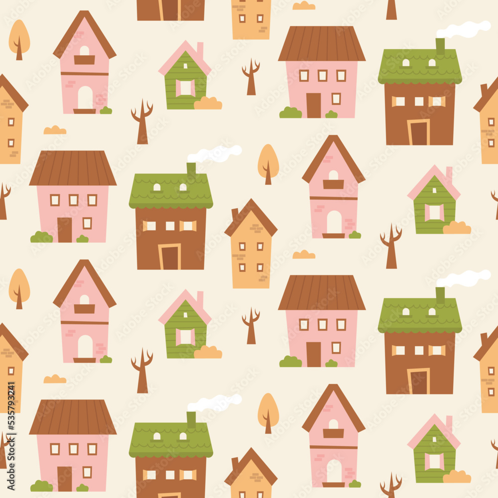 Vector seamless pattern with small houses on white background. Cute flat vintage village cottages.