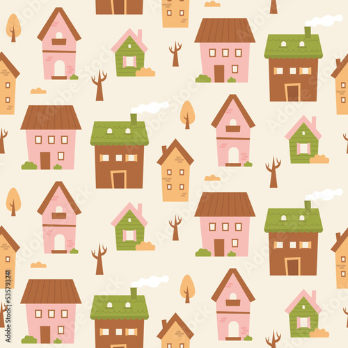 Vector seamless pattern with small houses on white background. Cute flat vintage village cottages.