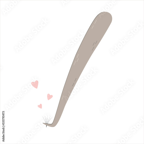 Flat tweezers for eyelash extensions with love. Vector illustration of cute artificial eyelashes, equipment and materials for salon beauty procedure. Professional tweezing by lashmaker