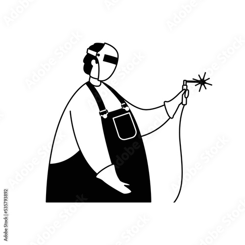 Vector illustration of a welder in a mask and apron. Profession. Outline