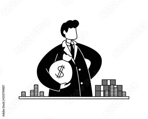 Vector illustration of a banker with a bag of money and coins and banknotes. Profession. Outline