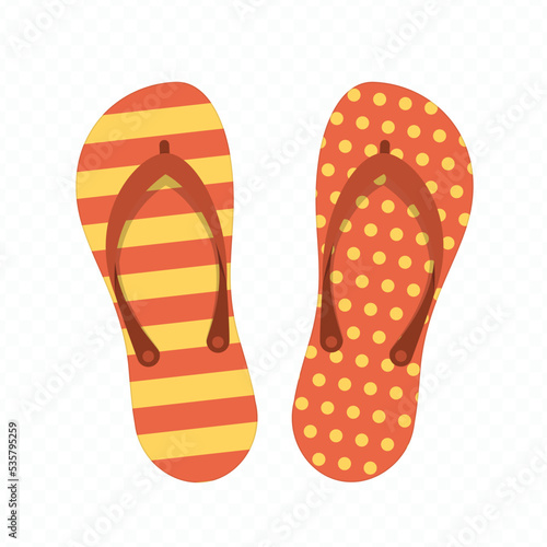 Beach Slippers isolated on white background. Modern flip flops in flat style. Summer or holiday time concept. Vector illustration. EPS 10.