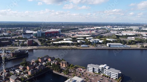 Aerial view of buildings and landmarks in and around Salford Quays in England. 