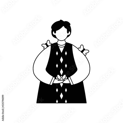 Vector illustration of an entomologist with butterflies. Profession. Outline