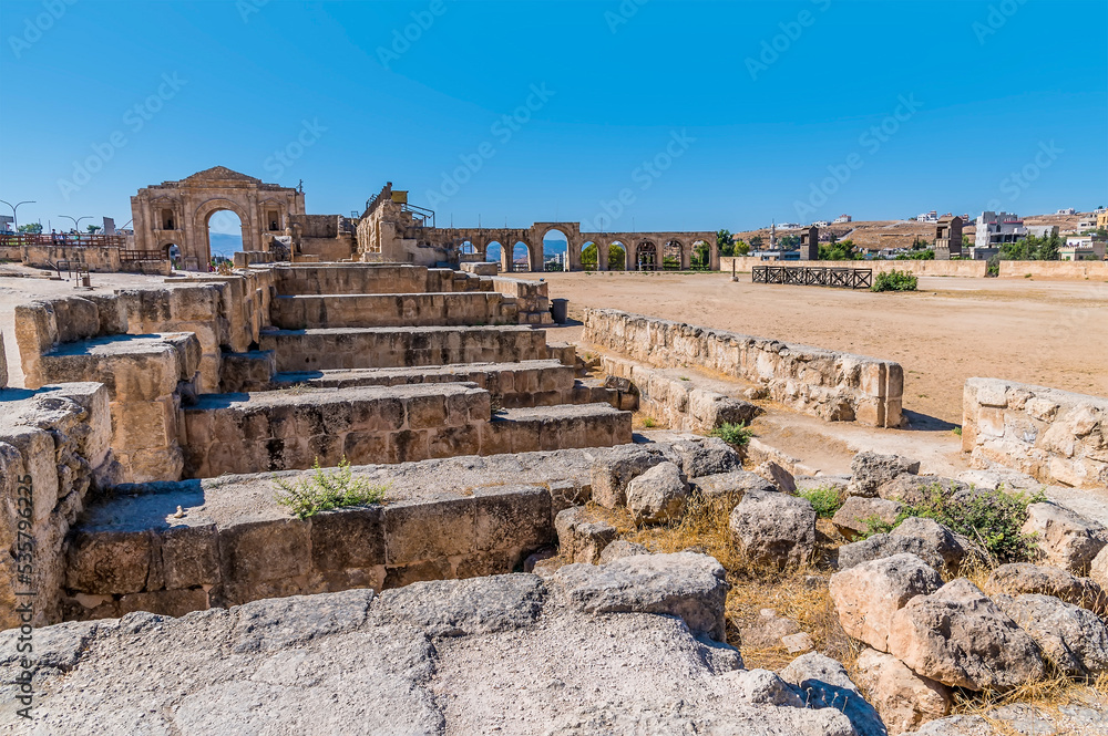 A view of excavations down the side of the Hippodrome in the ancient Roman settlement of Gerasa in Jerash, Jordan in summertime