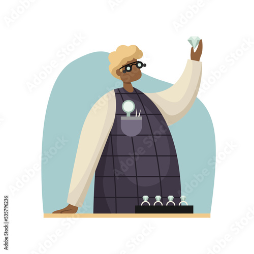 Vector illustration of a jeweler with a diamond in his hand with professional tools. Profession. Flat style