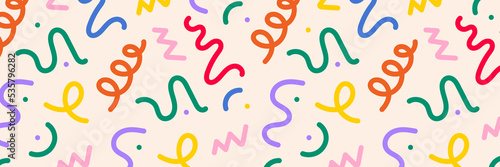 Fun colorful line doodle seamless pattern. Simple upbeat childish scribble decoration.