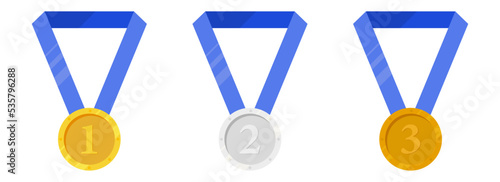 Gold, silver, bronze medals with blue ribbon flat vector icons