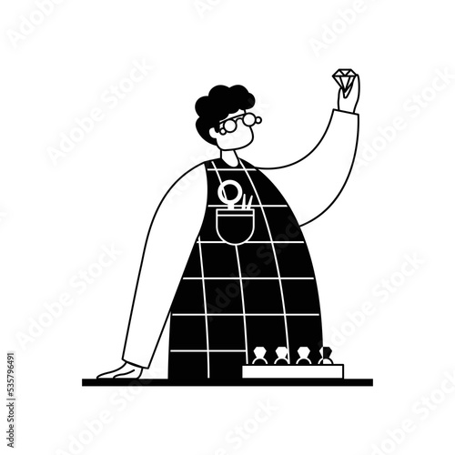Vector illustration of a jeweler with a diamond in his hand with professional tools. Profession. Outline