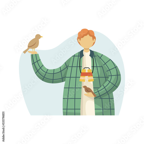 Vector illustration of an ornithologist with birds in his hands and binoculars around his neck. Profession. Flat style