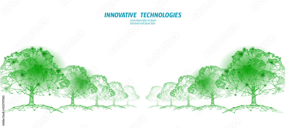 Low poly tree park alley wood. Ecology save nature forest concept. Global deforestation eco idea. Environmental pollution poster template vector illustration
