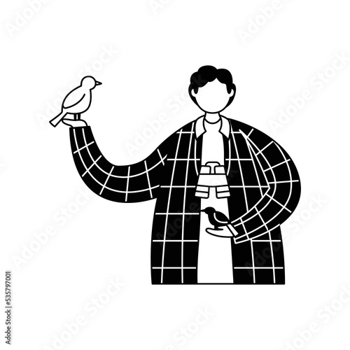 Vector illustration of an ornithologist with birds in his hands and binoculars around his neck. Profession. Outline