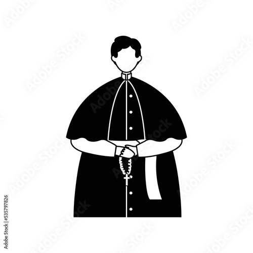 Vector illustration of a priest in a cassock with a rosary in his hands. Profession. Outline