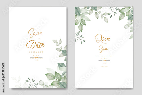 Watercolor wedding invitation card in green leaves 