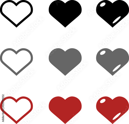 Hearts, vector icons. Set of vector icons hearts in black, red and gray.