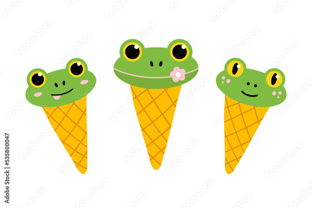 Obraz premium Set, collection of cute cartoon style green frog ice cream cones. Vector icons, illustration. 