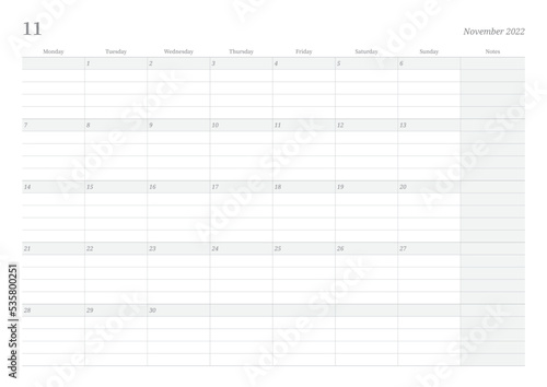 November 2022 calendar template design illustration is simple style. Memo, scheduler, diary, calendar, memo, planner document template background.
