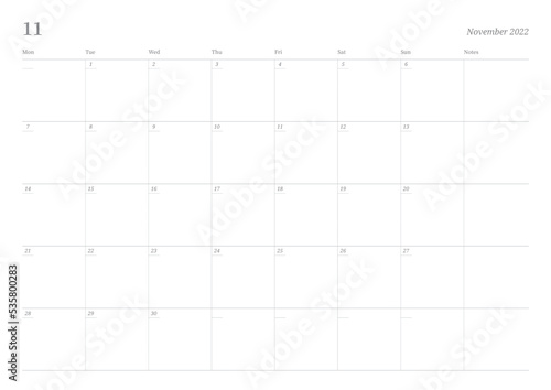 November 2022 calendar template design illustration is simple style. Memo  scheduler  diary  calendar  memo  planner document template background.
