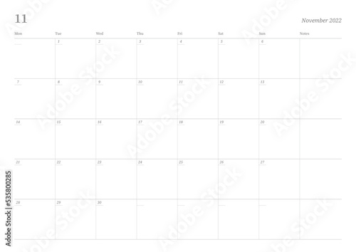 November 2022 calendar template design illustration is simple style. Memo  scheduler  diary  calendar  memo  planner document template background.