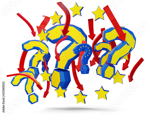 question marks colored as the flag of Europe, sign with red arrows 3d-illustration
