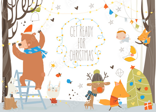 Cute Cartoon Animals getting ready for Christmas