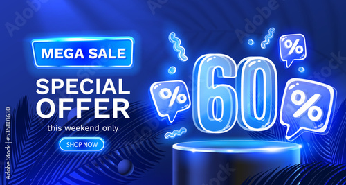 Mega sale special offer, Neon 60 off sale banner. Sign board promotion. Vector