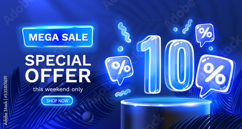 Mega sale special offer, Neon 10 off sale banner. Sign board promotion. Vector