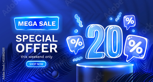 Mega sale special offer, Neon 20 off sale banner. Sign board promotion. Vector