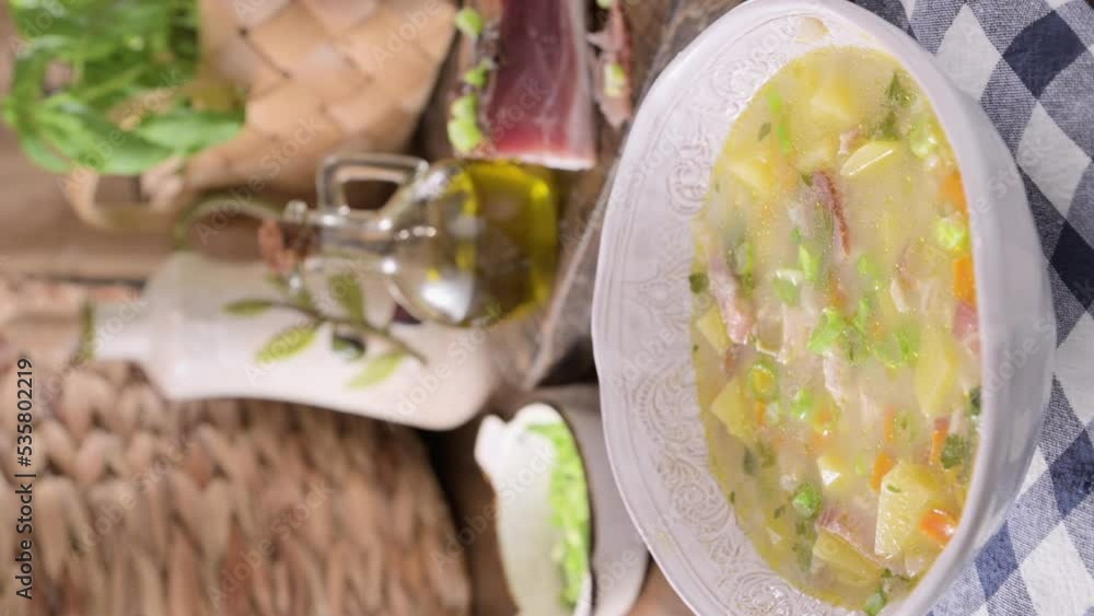 barley soup, zuppa di orzo. Zuppa tradizionale con pancetta e orzo nel nord italia, Trento. Cucina contadina, tipica delle Alpi. High quality 4k footage barley soup, zuppa di orzo. Zuppa tradizionale con pancetta e orzo nel nord italia, Trento. Cucina contadina, tipica delle Alpi. High quality 4k footage