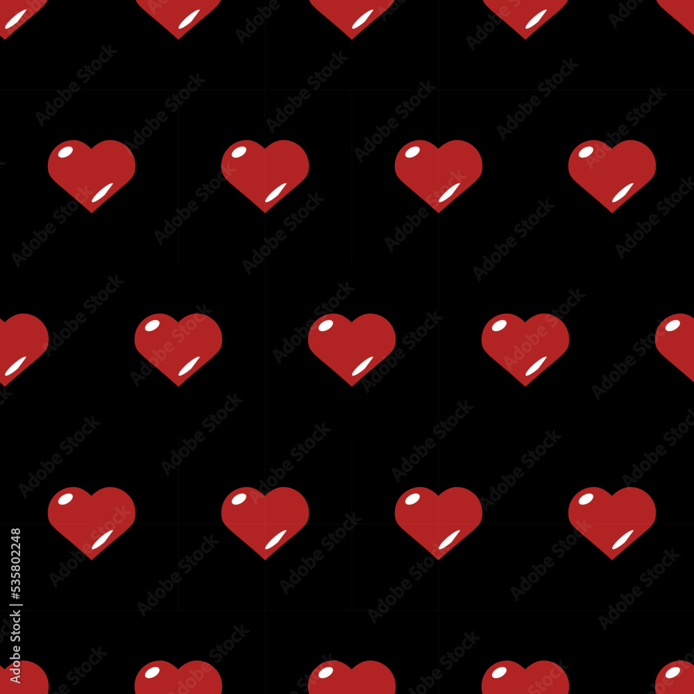 Hearts, seamless pattern, vector. Pattern of red hearts on a black background.