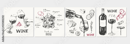 Hand drawn wine illustration set.