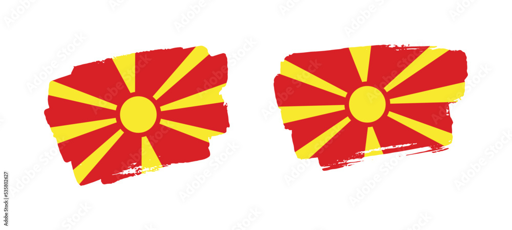 Set of two hand painted North Macedonia brush flag illustration on solid background