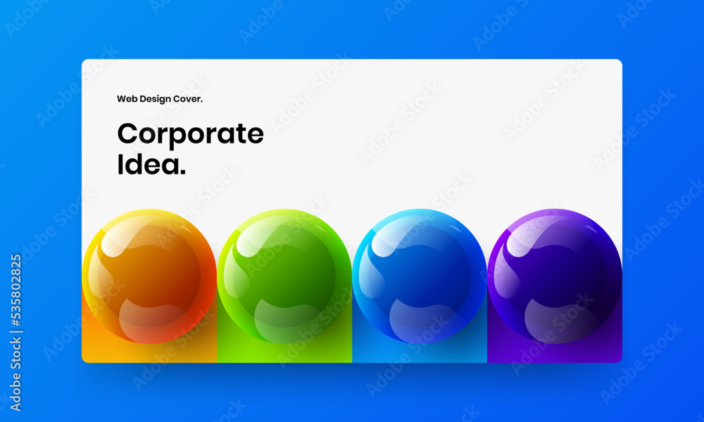 Clean landing page design vector layout. Abstract 3D balls corporate brochure illustration.
