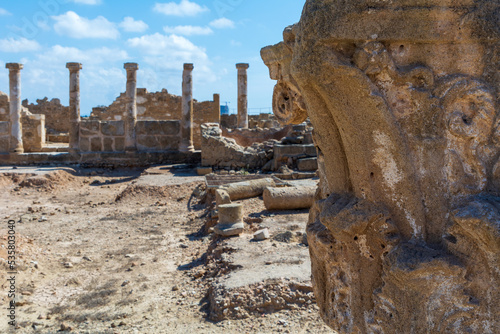 Ruins in Cyprus. Ancient pastroika of Paphos. Pillars of the medieval city. Ruins in Archaeological Park. Open Air Museum in Paphos. Pillars of the old city in the open air. Sights of Cyprus.