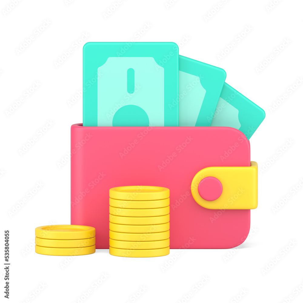 Pink wallet with banknotes and yellow coins 3d icon Pink wallet with banknotes and yellow coins 3d icon