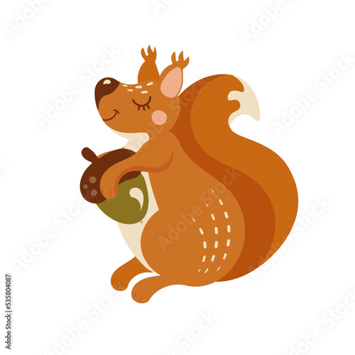 A red squirrel character holding an acorn, a cute squirrel color icon